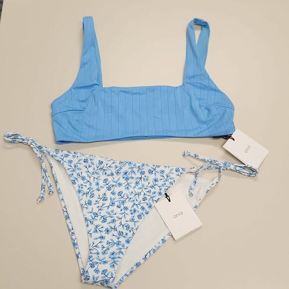 Onia Bikini Kate Bottom Ditsy Floral Solid Blue top L